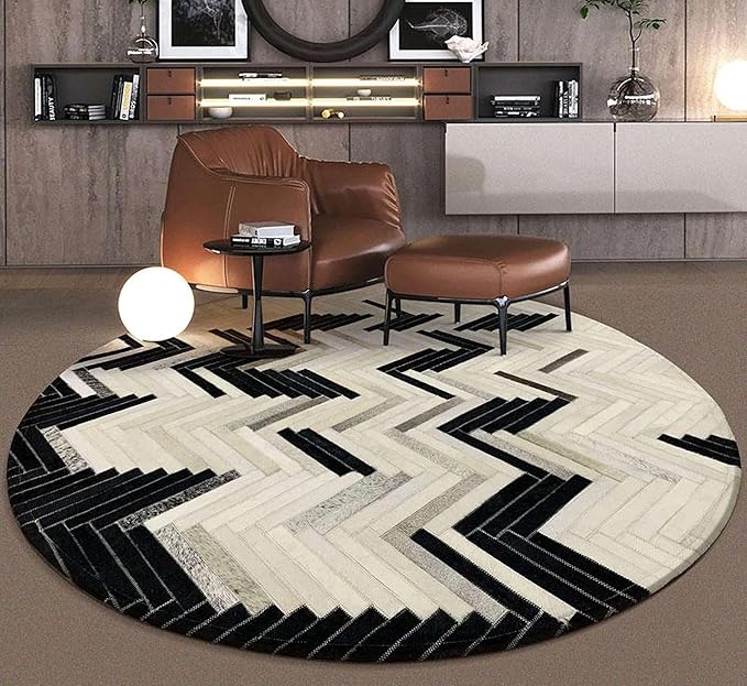 Round Cowhide Faux Leather Area Rug 7×7 ft – Black & White Modern Chevron Pattern Low Pile Carpet with Non-Slip Wool Backing, Soft Durable Living Room & Bedroom Accent Rug