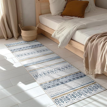 BESTSWEETIE 2x8 Area Rugs for Living Room Washable Moroccan Farmhouse Neutral Geometric Low Pile Non-Slip Soft Print Pattern Rug for Bedroom Kitchen Dining Room Entryway Blue/Brown