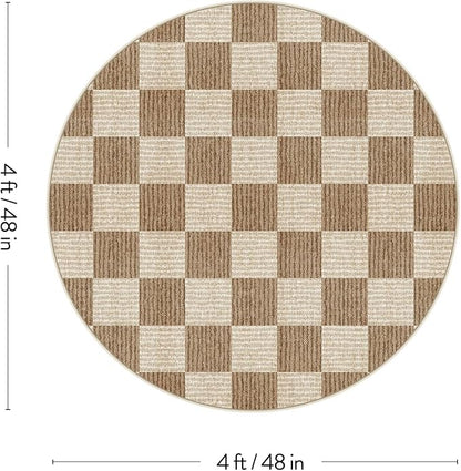 LIVEBOX Checkered Round Rug 4 Ft Washable Area Rug for Playroom, Kids Non-Slip Neutral Classic Circle Rug Geometric Large Carpet Soft Boys Rug for Classroom Dorm Bedroom(Brown,120R)