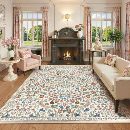 Lahome Floral 8x10 Rugs for Bedroom, Washable Beige Area Rug for Nursery Playroom, Botanical Soft Boho Carpet for Kids Room, Living Room Indoor