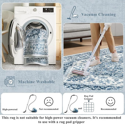 LIVEBOX Blue Washable Area Rug 5x7 - Large Vintage Tribal Living Room Non-Slip Indoor Carpet for Bedroom, Low-Pile Retro Print Distressed Accent for Nursery Entryway Office