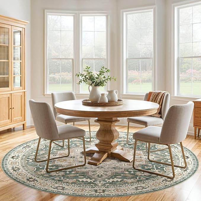 Round Rug Living Room Rugs: 6x6 Washable Boho Neutral Large Circle Soft Indoor Distressed Stain Resistant Floor Farmhouse Carpet for Bedroom Nursery Kids Playroom Office Dining Room Dorm- Green