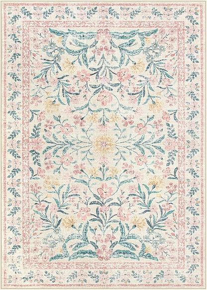 Wonnitar Machine Washable 10x14 Area Rugs, Large Living Room Rug Floral Pink and White Carpet, Boho Soft Ultra-Thin Foldable Carpets for Bedroom Dining Room Office