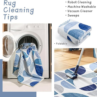 MUJOO Blue Rug Boho Washable,4x6.5 Area Rugs for Bedroom Entryway Living Room Bedside,Small Throw Floor Carpet Non Slip Soft Indoor Modern Abstract Navy Blue