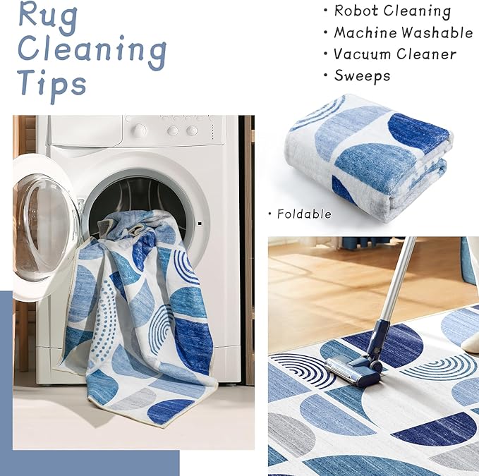 MUJOO Runner Rug Washable,Blue 2x8 Area Rugs for Hallways Kitchen Bedroom Entryway Bathroom,Non Slip Carpet Long Mat Indoor,Boho Soft Modern Abstract Navy Blue
