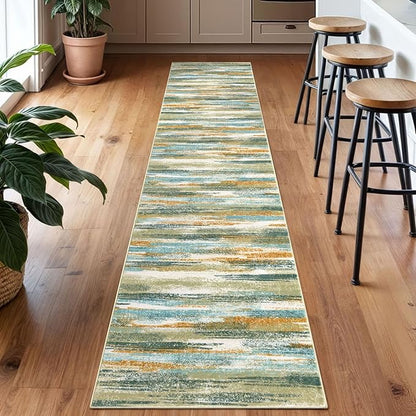 Modern Abstract Runner Rug 2x10, Green Mustard Multi Washable Long Kitchen Runner Non-Slip Soft Hallway Rug Runner Thin Print Faux Wool Carpet for Entryway Bedroom Laundry Room Indoor
