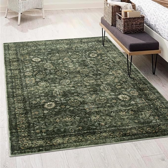 Morebes Washable Dark Green Area Rugs 6x9, Vintage Boho Large Living Room Rugs Non Slip, Distressed Soft Indoor Accent Floor Mat Throw Carpet for Nursery Kitchen Coffee Table Dining Dorm
