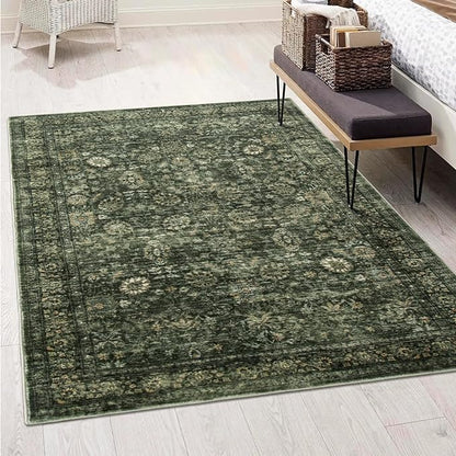 Morebes Washable Dark Green Area Rugs 6x9, Vintage Boho Large Living Room Rugs Non Slip, Distressed Soft Indoor Accent Floor Mat Throw Carpet for Nursery Kitchen Coffee Table Dining Dorm