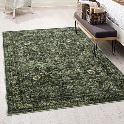 Morebes Washable Green 5x7 Area Rugs, Vintage Soft Bedroom Rug Non Slip, Non-Shedding Distressed Indoor Floor Throw Carpet for Bathroom Kitchen Living Dining Room Playroom Farmhouse Christmas Decor