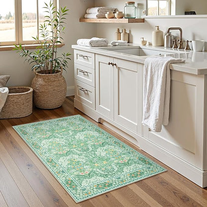 Lahome Floral Entryway Rug, 2x3 Kitchen Rugs Non Slip Washable Boho Green Forest, Soft Door Mat Indoor Entrance, Ultra-Thin Easy Clean Small Throw Carpet for Bedroom Bathroom, Sage Green