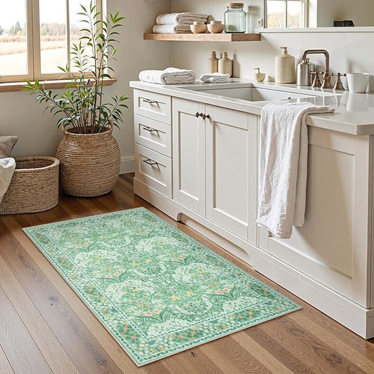 Lahome Floral Entryway Rug, 2x3 Kitchen Rugs Non Slip Washable Boho Green Forest, Soft Door Mat Indoor Entrance, Ultra-Thin Easy Clean Small Throw Carpet for Bedroom Bathroom, Sage Green