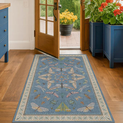 Washable Blue Rugs for Bedroom Bedside - 3x4 Area Rug for Large Kitchen, Entrance Indoor, Boho Insect Print Bug Décor, Non Slip Low Pile Fade Resistant