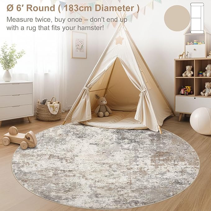 6ft Round Area Rug Living Room Rugs - 6x6 Washable Neutral Modern Abstract Soft Thin Rug Indoor Floor No Slip Rug Carpet for Bedroom Under Dining Table Home Office Decor - Brown Grey