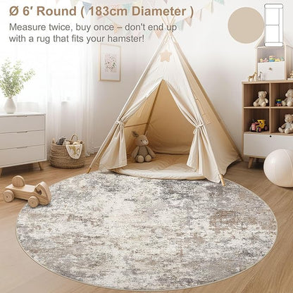 6ft Round Area Rug Living Room Rugs - 6x6 Washable Neutral Modern Abstract Soft Thin Rug Indoor Floor No Slip Rug Carpet for Bedroom Under Dining Table Home Office Decor - Brown Grey