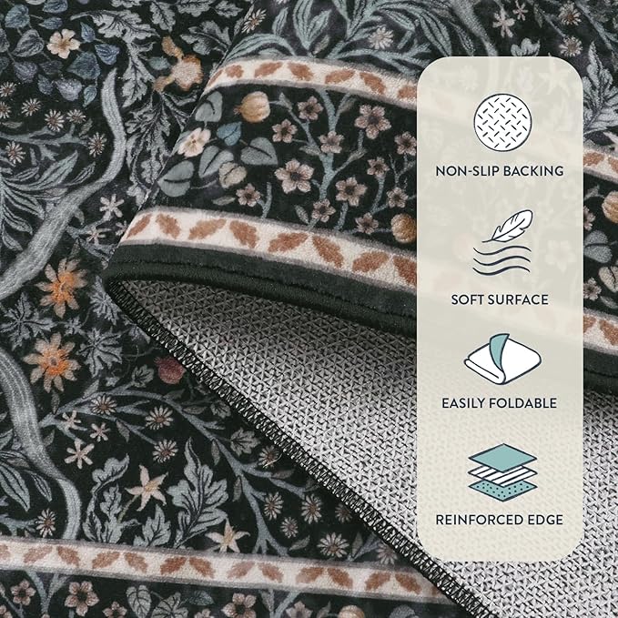 Lahome Floral Washable Rugs 8x10, Soft 8x10 Area Rugs for Living Room Bedroom, Boho Non-Slip Forest Stain Resistance Large Throw Carpet for Farmhouse Dining Room Office, Black
