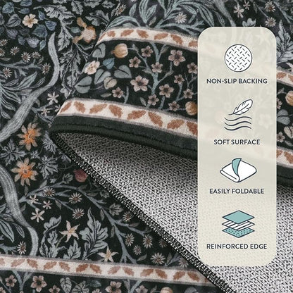 Lahome Floral Area Rugs 5x7, Soft Washable Rugs for Living Room Bedroom, Boho Non Slip Low Pile Forest Design Large Throw Carpet for Farmhouse Dining Room Office, Black