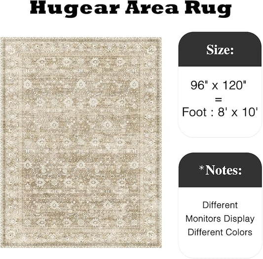HUGEAR 8x10 Machine Washable Rugs Beige Hallway Large Area Rug Indoor Accent Rug Floral Low Pile Carpet Soft Throw Aesthetic Rug Bedroom Living Room Office Dining Room Kitchen Laundry Room