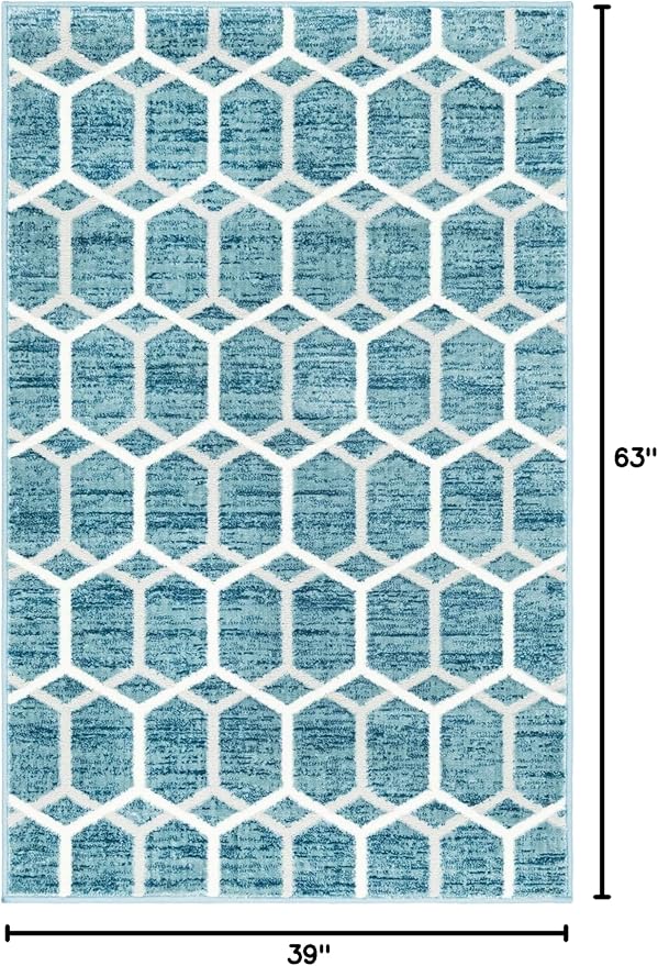 Rugs.com Lattice Trellis Collection Rug – 3' x 5' Blue Low-Pile Rug Perfect for Living Rooms, Large Dining Rooms, Open Floorplans
