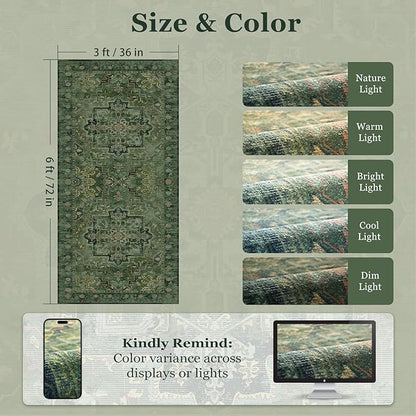 Dark Green 3x6 Runner Rug Non Slip, Washable Thin Kitchen Runner, Vintage Distressed Medallion Carpet Runners for Hallway 6ft Indoor Entryway/Bedroom/Foyer/Laundry Room/Bathroom