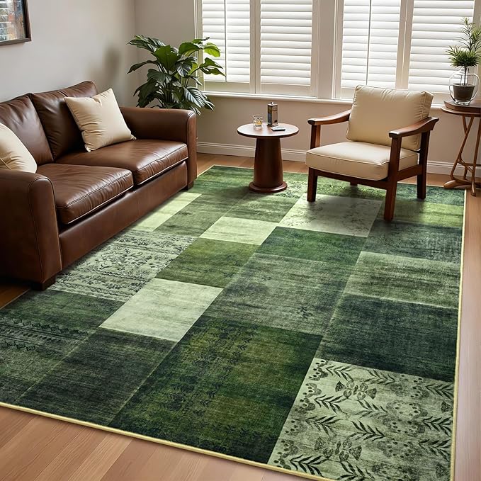 DweIke Washable Area Rugs for Living Room, 4x6 Soft Bedroom Rugs, Geometric Print Non-Slip Modern Rug, Stain Resistant Throw Carpets for Office Nursery Dining Room Home Dorm Decor, Green