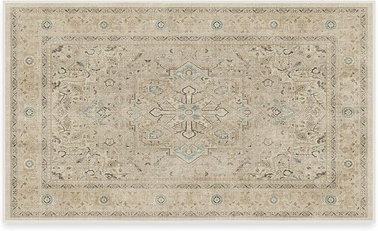 RUGGABLE Washable Vintage Area Rug – Kamran Ivory Opal 3x5, Stain-Resistant, Non-Slip – Small Machine Washable Rugs for Living Room, Bedroom, Hallway, Entryway & Office–with Cushioned Pad