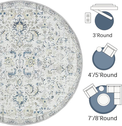 jinchan Kalen Round Rug 7ft Area Rug Washable Vintage Indoor Retro Floor Cover Distressed Floral 7' Round Circle Boho Non Slip Thin Carpet for Living Room Dining Room Bedroom Kitchen Blue