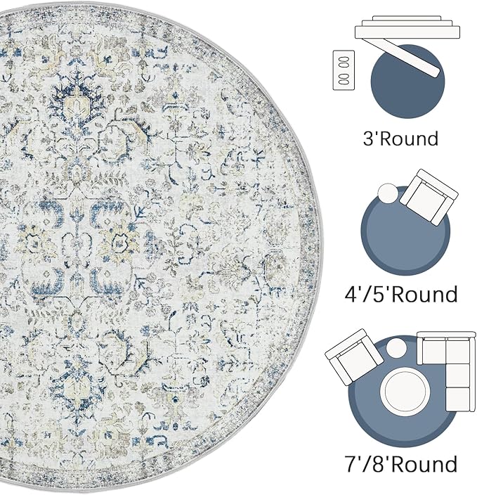 jinchan Kalen Round Rug 4ft Area Rug Entryway Washable Vintage Indoor Retro Floor Cover Distressed Floral 4' Round Circle Boho Non Slip Thin Carpet for Kitchen Bedroom Living Room Dining Room Blue