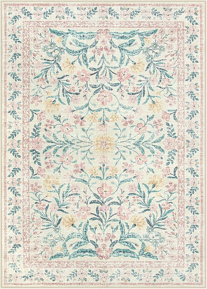 Morebes Floral Pink Rugs for Bedroom Girls, Washable 5x7 Large Area Rug for Living Room Non Slip, Vintage Low-Pile Indoor Floor Boho Flower Carpet for Kids Nursery Playroom, Light Pink&Green