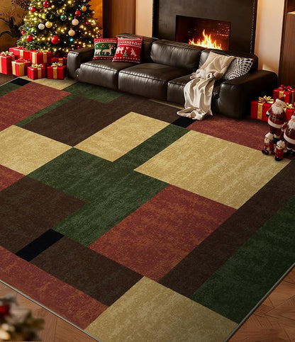 YIHOUSE Red and Green Rug 8x10, Burgundy Farmhouse Vintage Rugs Washable for Living Room,Burnt Orange Area Rug Non Slip,Geometric Boho Area Rug for Kitchen,Dining Room,Bedroom