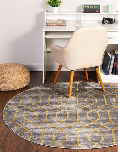 Unique Loom Glam Collection Area Rug - Trellis (5' 3" Round, Gray Gold/ Gold)