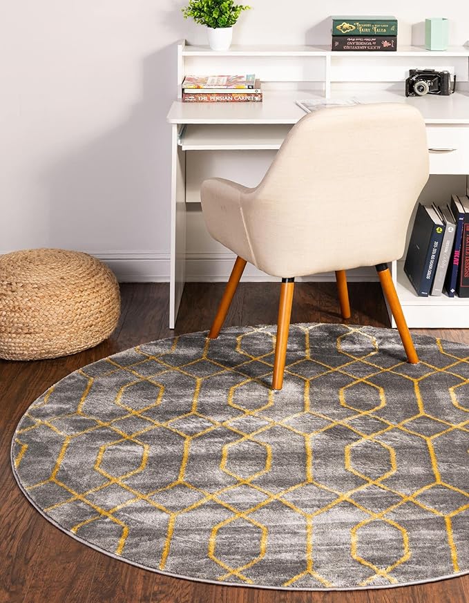 Unique Loom Glam Collection Area Rug - Trellis (3' 3" Round, Gray Gold/ Gold)