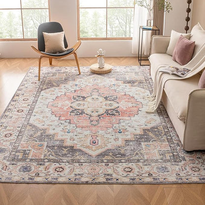VK VK·LIVING Machine Washable Rug 6'x9' Vintage Design Washable Area Rugs with Non Slip Rugs for Living Room Bedroom Traditional Woven Carpet Stain Resistant, Dining Office Boho Rug (Mistyrose)