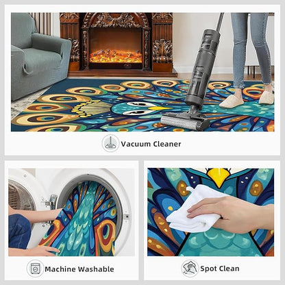 Boho Peacock Rugs for Living Room - 4x5 Rug, Peacock Decor Area Rugs for Bedroom, Teal Turquoise Rug, Modern Style Washable Carpet, Aesthetics Carpet - Peafowl Home Decor & Gifts