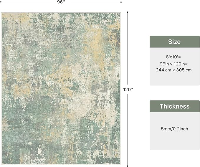 8x10 Area Rugs Washable Green Rug for Living Room Bedroom, Abstract Modern Large Rug Non Slip, Water Repellent Low Pile Soft Carpet for Dining Room, Grey Green