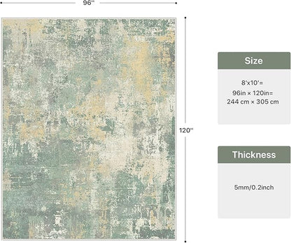 8x10 Area Rugs Washable Green Rug for Living Room Bedroom, Abstract Modern Large Rug Non Slip, Water Repellent Low Pile Soft Carpet for Dining Room, Grey Green