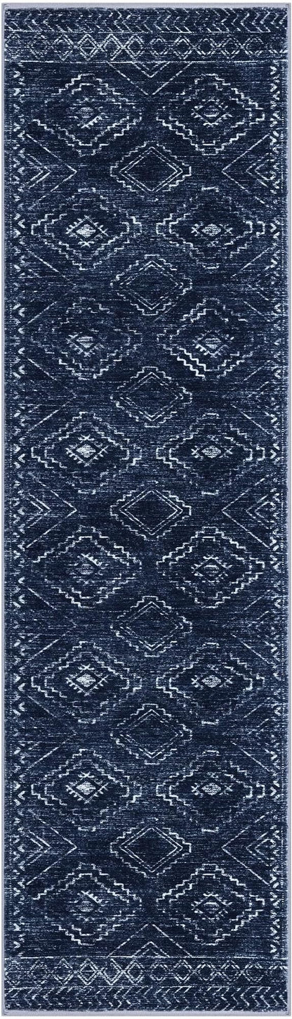 KILOCOCO Hallway Runner Rug 2x7 Runners for Hallways Washable Runner Rug Non Slip Rubber Backed Low-Pile Runners for Bedroom Kitchen Living Room Laundry Room Boho Rugs, Dark Blue