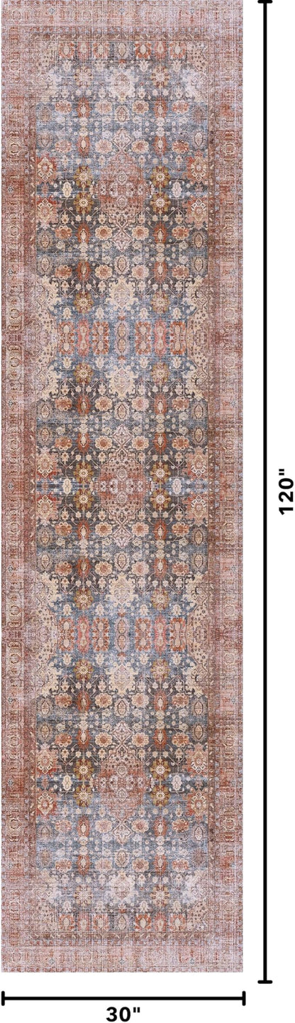 Kuden 2'6"x10 Runner Rug, Machine Washable Area Rug with Non-Slip Backing, Vintage Style, Soft, Easy Clean, Low Pile Rug for Hallway, Entryway, Kitchen, Bedroom