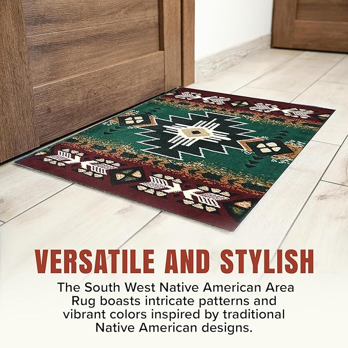 YHSF South West Native American Area Rug C318 - Easy Clean, Thick, Soft, Durable Native Tribal American Indian Inspired Rug for Bedroom/Living Room and More - Hunter Green, 2 Feet x 7 Feet