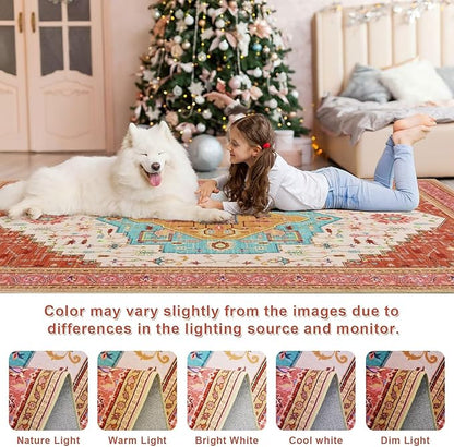 2x3 Orange Pink Small Area Rug for Entryway, Soft Washable Rugs with Non-Slip Backing for Bedroom Kitchen, Vintage Throw Carpet Laundry Entry Front Front Door Decor