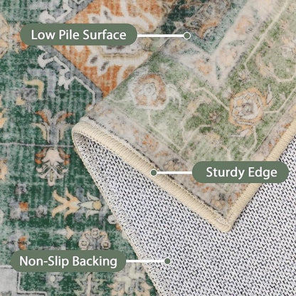 GENIMO 7x10 Area Rugs for Living Room, Machine Washable Non Slip Vintage Rugs, Low Pile Lightweight Chenille Print Rug for Bedroom, Dining Room, Home Office,Sage Green