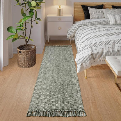 Collive Boho Runners for Hallways 2x7 ft, Washable Kitchen Runner Rug Low-Profile Neutral Indoor Entryway Rug, Olive Green/Cream Braided Cotton Floor Carpet for Laundry Room Bedroom Doorway