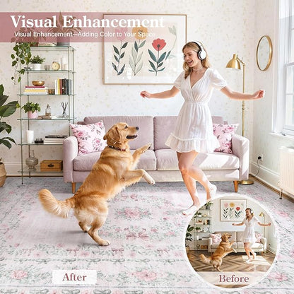 Wonnitar Floral Bow Pink Rug for Bedroom, Washable 5x7 Area Rug for Girls Nursery, Ultra-Thin Non Slip Soft Boho Carpet for Kids Room Dorm Living Room, Light Pink