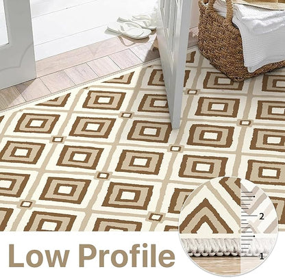 Bavni Hallway Runner Rug Machine Washable, 2x7 Non Slip Lightweight Washable Runners, Moroccan Checkered Rug for Entryway Laundry Kitchen Bathroom Corridor Bedside, Yellow Brown