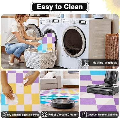 Multicolored Checkered Rug 3x5 Washable Ultra-Thin Funky Bedroom Rug Non-Slip Soft Multicolored Stain Resistant Carpet for ‎Dining Room Office