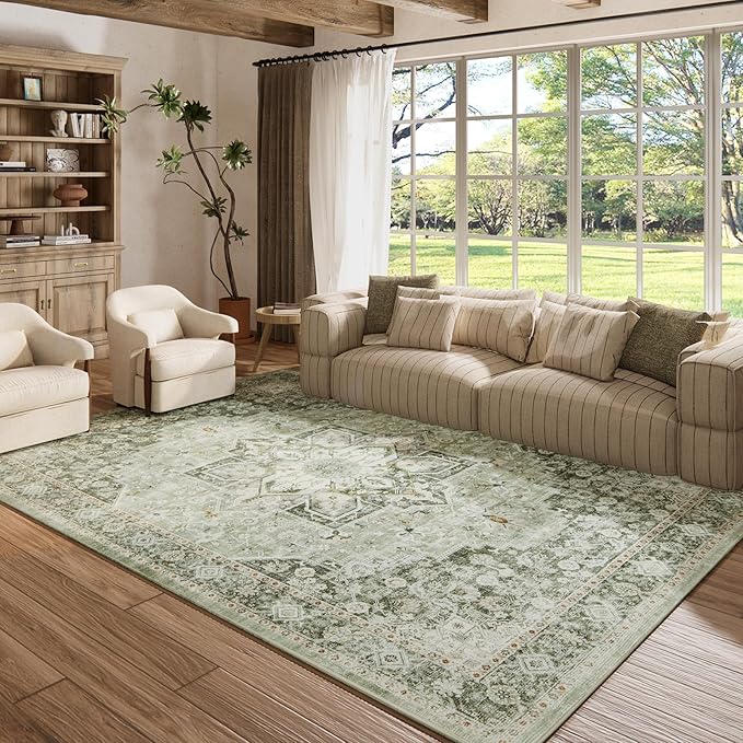 9×12 Machine Washable Rug for Living Room, Boho Vintage 9×12 Area Rug，Distressed Accent Low Pile Ultra Soft Large Carpet for Bedroom Bathroom Dining Room, Floral/Green