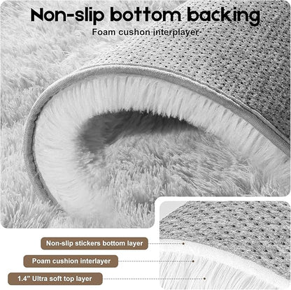 2x3 Tie-Dyed Grey Rugs for Bedroom Living Room, Fluffy Small Area Rug Soft Shag Carpet for Kids Boys and Girls Room with 4 Rugs Non-Slip Stickers Dorm Home Decor (2ft x 3ft)