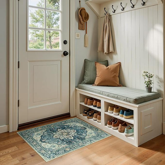 Area Rugs 2'x3' Washable Non-Slip, Floral Vintage Distress Print Pattern Medallion Carpet for Living Room Bedroom Dining Room, Dark Blue Vintage