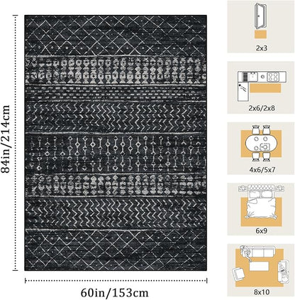5x7 Machine Washable Area Rug for Living Room, Black Vintage Moroccan Rug Large Non-Slip Low Pile Soft Faux Wool Carpet, Kids and Pets Friendly for Bedroom Dining Room Farmhouse Home Decor Rug