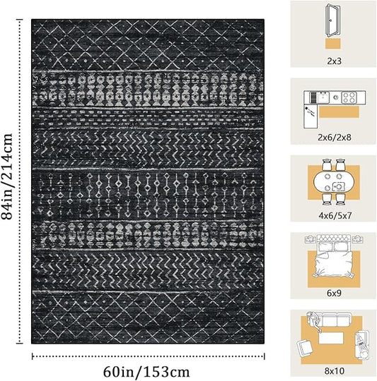 5x7 Machine Washable Area Rug for Living Room, Black Vintage Moroccan Rug Large Non-Slip Low Pile Soft Faux Wool Carpet, Kids and Pets Friendly for Bedroom Dining Room Farmhouse Home Decor Rug