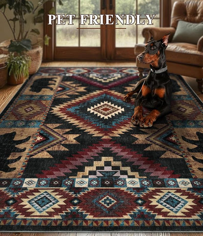 YIHOUSE Rustic Cabin Area Rug for Bedroom 6x9,Machine Washable Lodge Bear Rug,Non-Slip Low Pile Print Pattern Western Rug for Living Room
